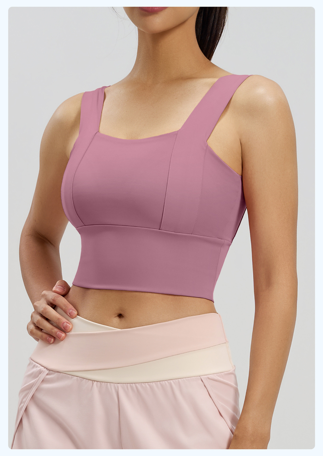 Square Neck Wide Strap Sports Bra, Medium Support Yoga Crop Top, Dusty Pink
