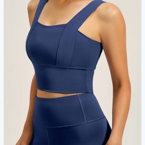 Women's Square Neck Workout Bra, High Support Wide Strap Gym Top, Navy Blue