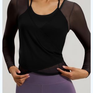Women's Sheer Mesh Long Sleeve Yoga Top, Backless Layered Workout Shirt, Black