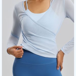 Women's Mesh Wrap Long Sleeve Yoga Top, Breathable Layered Workout Shirt, Light Blue