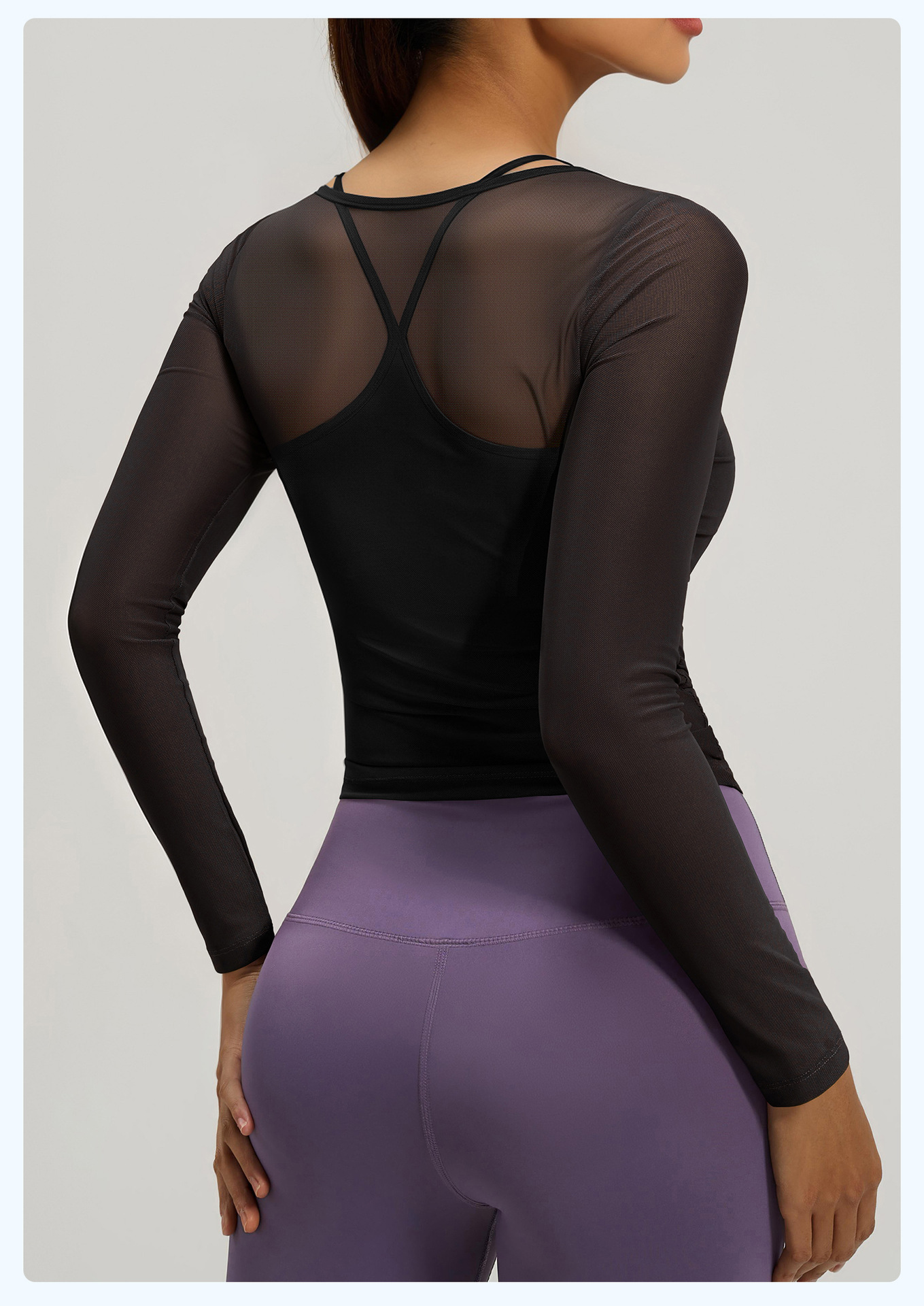 Sheer Mesh Long Sleeve Yoga Top, Crossover Wrap Workout Layer Shirt, Lavender - Image 2