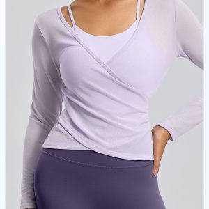 Sheer Mesh Long Sleeve Yoga Top, Crossover Wrap Workout Layer Shirt, Lavender
