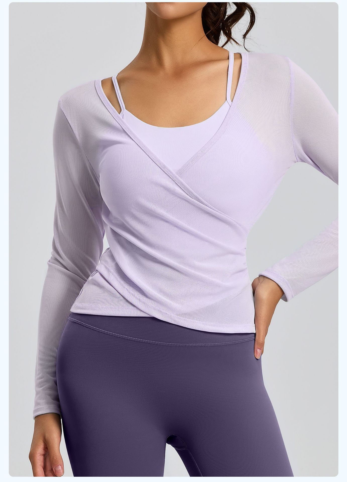Sheer Mesh Long Sleeve Yoga Top, Crossover Wrap Workout Layer Shirt, Lavender