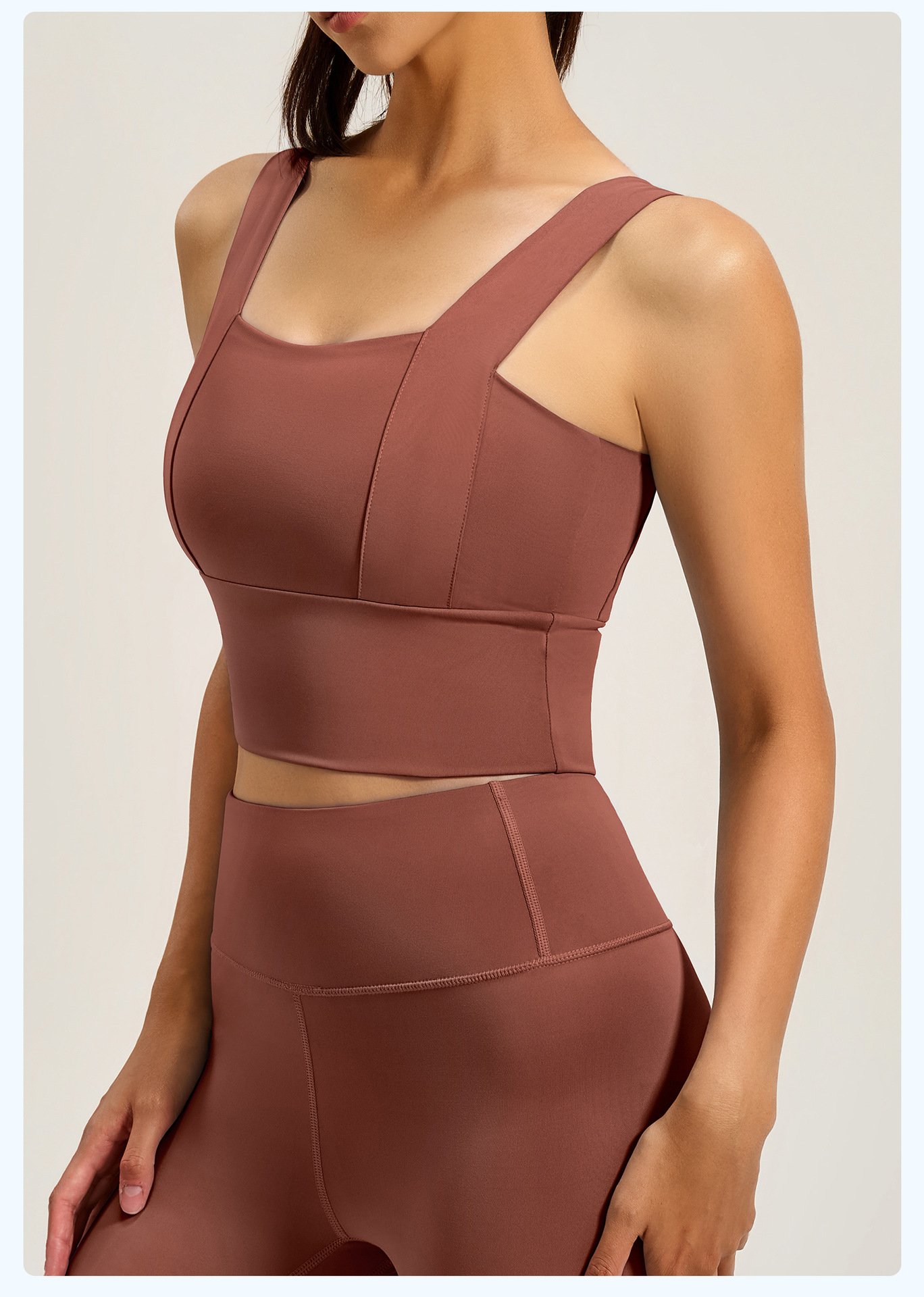 Women's Square Neck Workout Bra, Supportive Wide Strap Gym Top, Coffee Brown