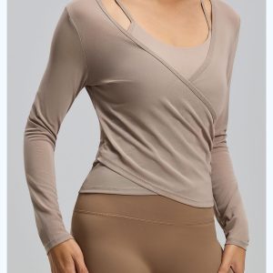Mesh Wrap Long Sleeve Yoga Top, Breathable Layered Workout Shirt, Light Brown